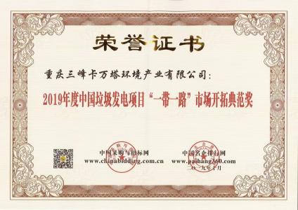 中國垃圾發電項目“一帶一路”市場開拓典范獎